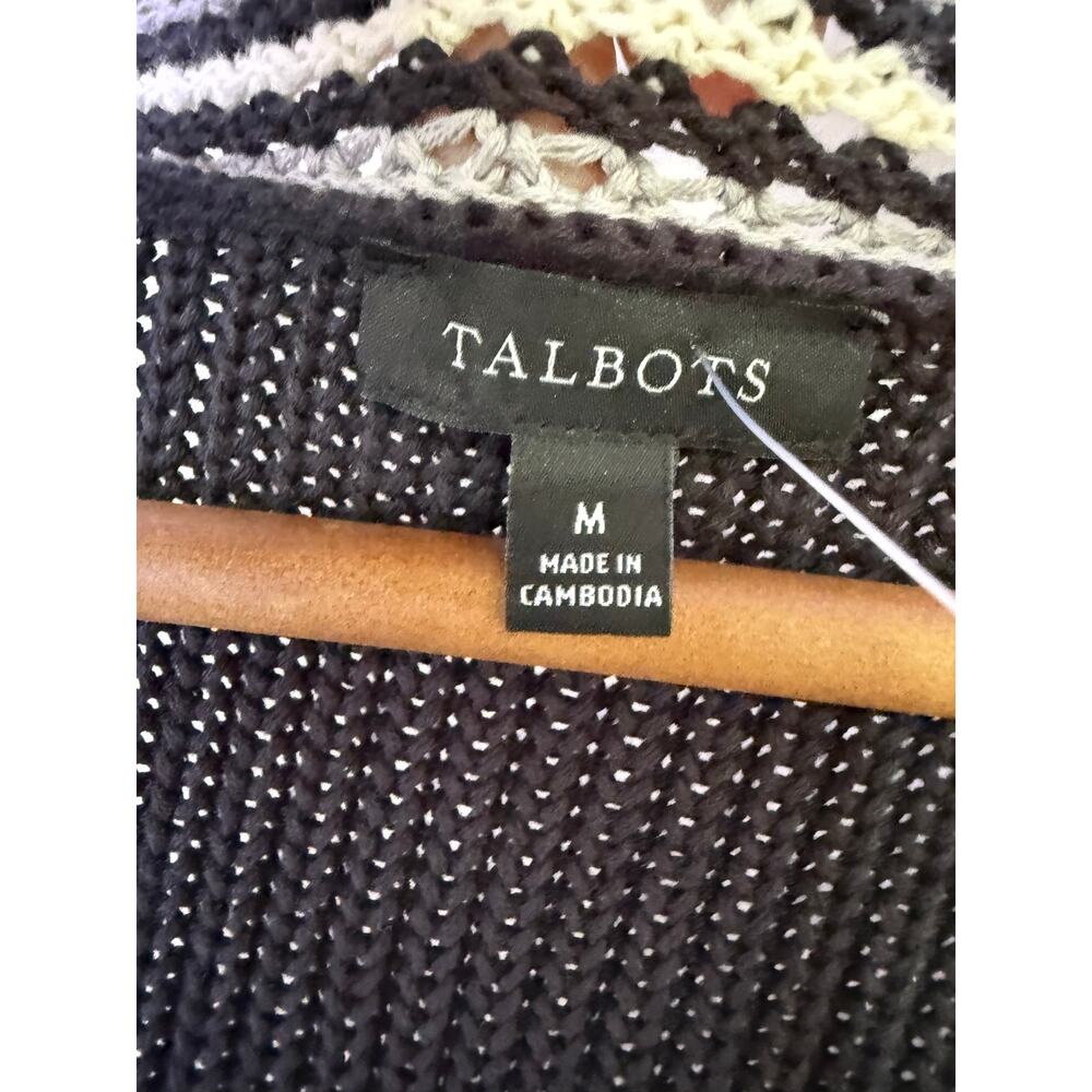 Talbots Womens M Black White Cotton Knit Cardigan Striped Trim Preppy Nautical - Picture 4 of 8